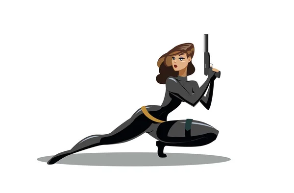 Espião menina em roupas de couro preto com uma arma — Vetor de Stock