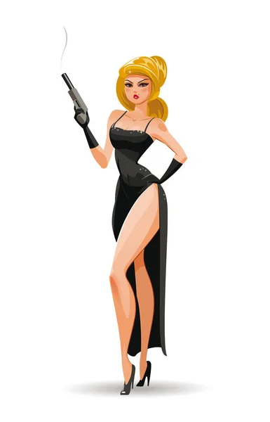 Super agente. Agente secreto. Mujer elegante espía en el vestido negro de noche con pistola. Ilustración vectorial — Vector de stock