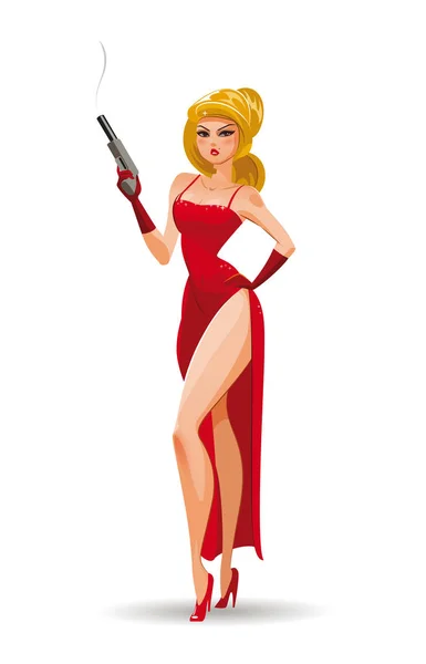 Super agente. Agente secreto. Mujer elegante espía en el vestido rojo de noche con pistola. Ilustración vectorial — Vector de stock