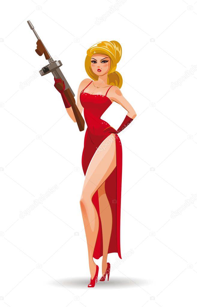 Super agent. Secret agent. Elegant woman spy in the evening red dress with Tommy Gun. Vector illustration