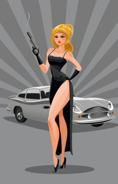 The woman super agent. In a black with a gun. Luxury car. Vector clipart