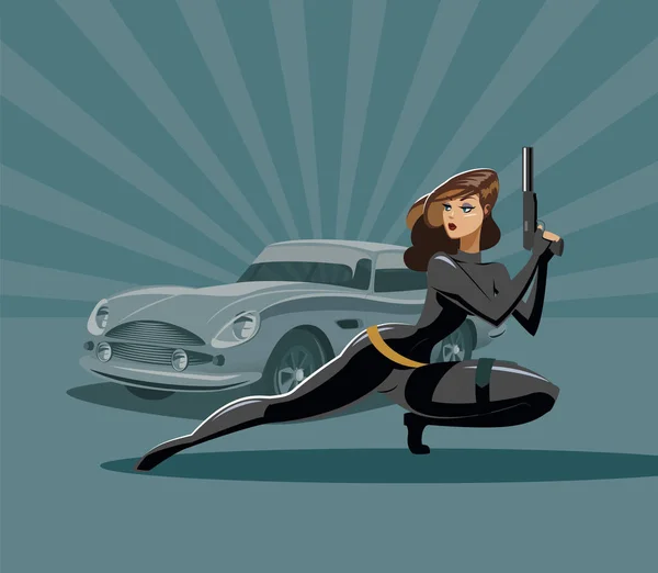 A super agente mulher. De preto com uma arma. Carro de luxo. Vetor — Vetor de Stock