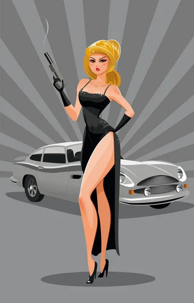 Kobieta super agenta. W kolorze czarnym z pistoletu. Luksusowy samochód. Wektor — Wektor stockowy