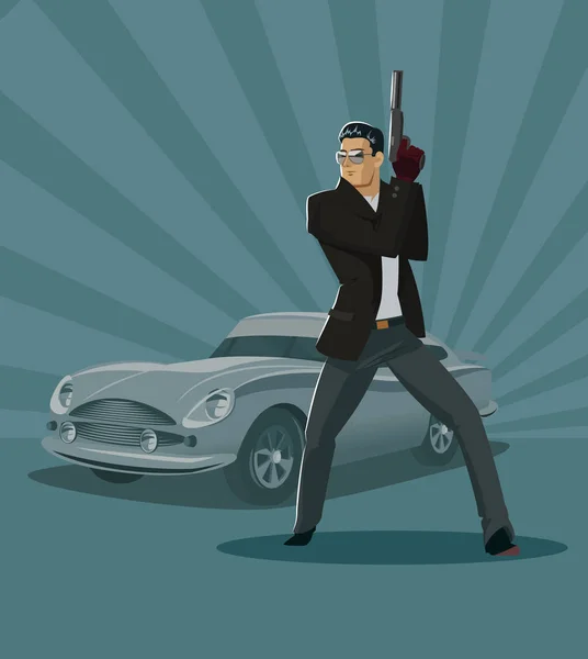 El súper agente del hombre. En un negro con un arma. Coche de lujo. Vector i — Archivo Imágenes Vectoriales