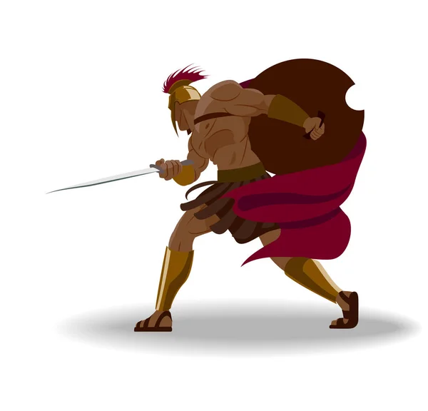 Angry spartan warrior with armor and hoplite shield holding a sw — Stock Vector