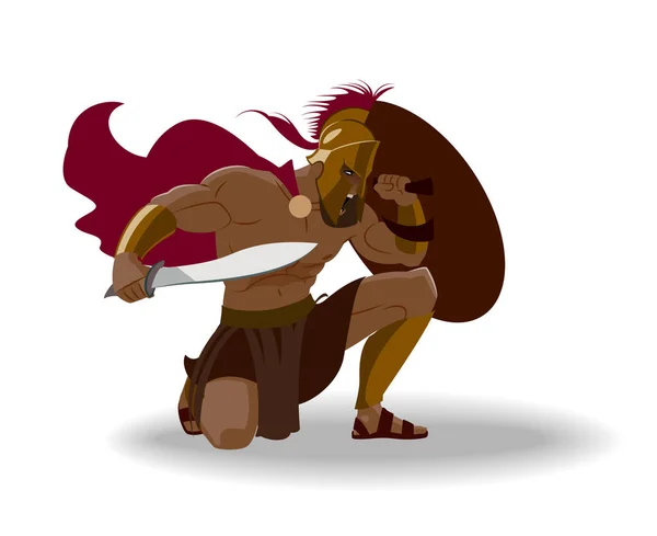 Enojado guerrero espartano con armadura y escudo de hoplita sosteniendo un sable — Vector de stock