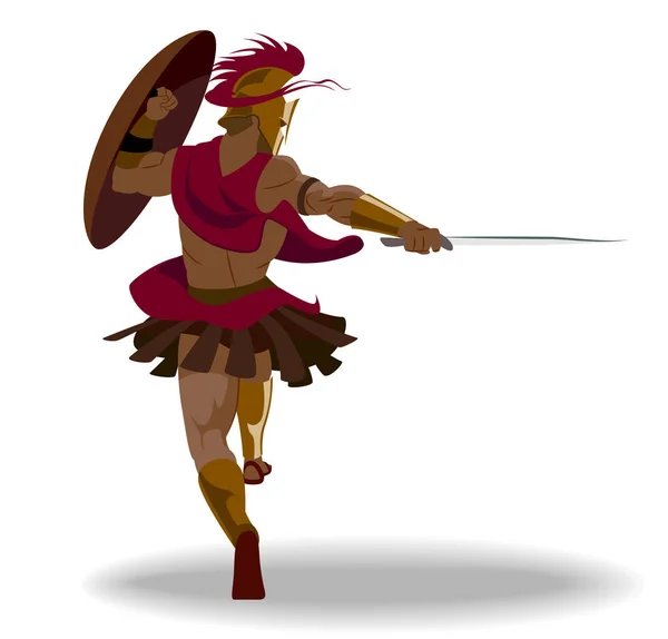 Guerreiro espartano irritado com armadura e escudo de hoplite segurando um sw —  Vetores de Stock