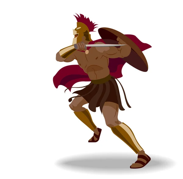 Enojado guerrero espartano con armadura y escudo de hoplita sosteniendo un sable — Vector de stock