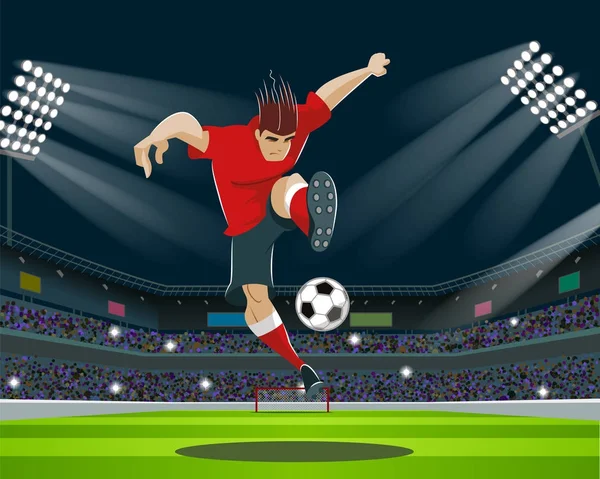Futbol oyuncu topu stadyumda tekme. Işık, standları, fanlar. — Stok Vektör