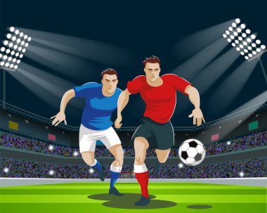 Oyuncu stadyum top için kavga ediyorlar. Işık, standları, fanlar.