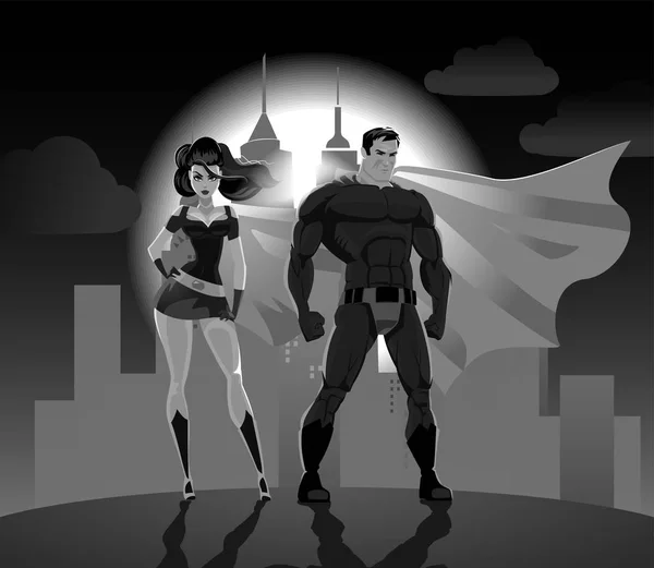 Coppia di supereroi: Supereroi maschili e femminili, in posa davanti a una luce — Vettoriale Stock