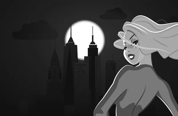 La joven mira un paisaje nocturno de la ciudad — Vector de stock