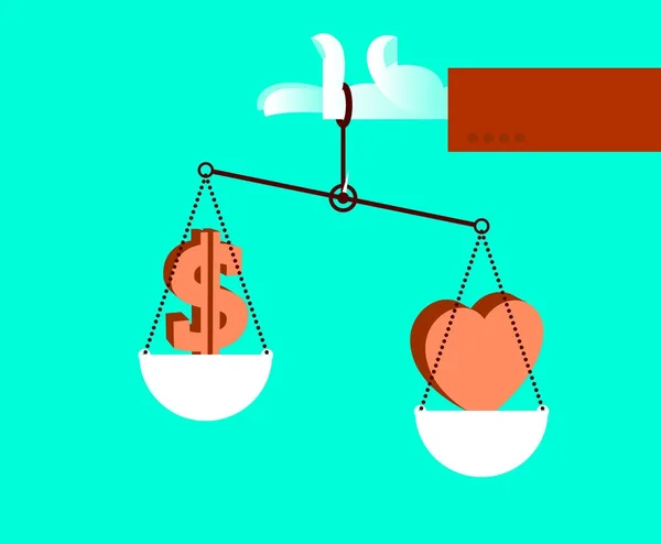 Mano sosteniendo balanzas con corazón y dinero. Elección difícil — Vector de stock