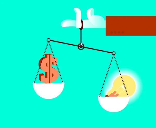 Balanzas de mano con idea y dinero. Elección difícil — Vector de stock