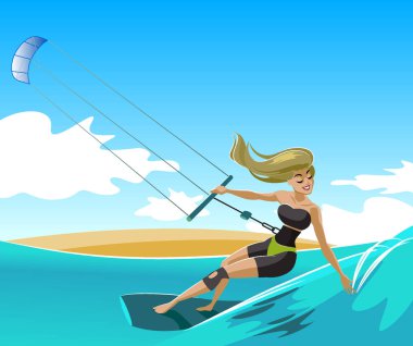 Genç kız bir dalga sürme surfboard ile sörf.