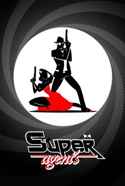 Takım süper ajanların. Kameraya poz. Silah varil. Kırmızı elbiseli cinsel kadın.