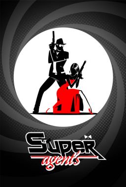 Team of super agents. Posing on camera. In gun barrel. Sexual woman in red dress. clipart