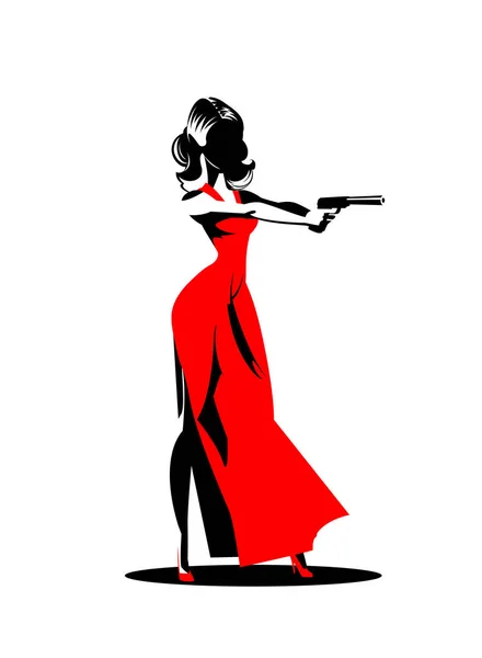 女性秘密諜報員。カメラにポーズ。赤いドレスの女性を性的. — ストックベクタ