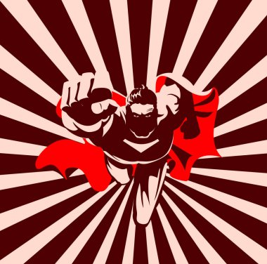 Süper kahraman kamera üzerinde uçan. Siyah-beyaz grafik.