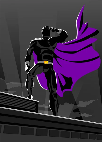 Süper kahraman çatıda mesafe içine görünüyor. Karanlık gece. — Stok Vektör