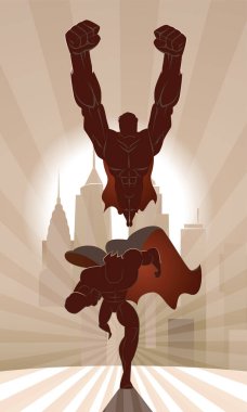 Süper kahraman takımı; Uçan ve kentsel bir arka plan önünde çalışan superheroes, ekip.