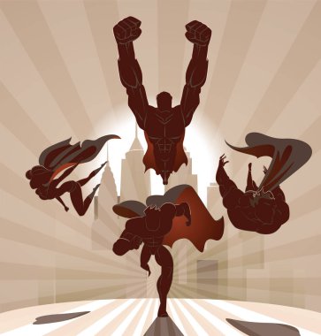 Süper kahraman takımı; Uçan ve kentsel bir arka plan önünde çalışan superheroes, ekip.