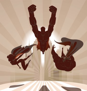 Süper kahraman takımı; Uçan ve kentsel bir arka plan önünde çalışan superheroes, ekip.