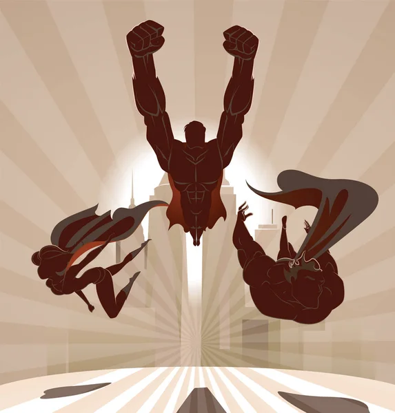 Superheldenteam; Team von Superhelden, die vor urbanem Hintergrund fliegen und rennen. — Stockvektor
