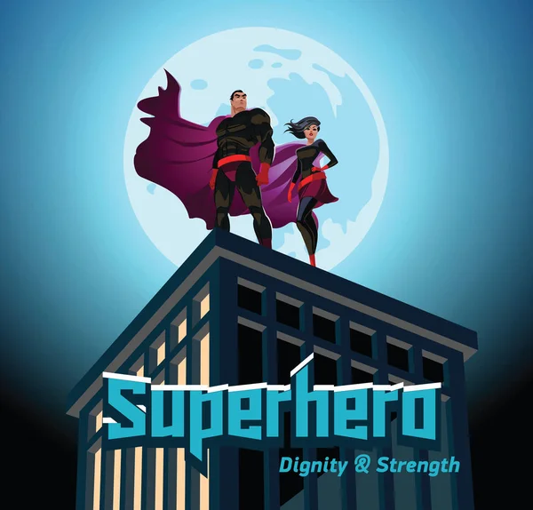 Superheld paar. Mannelijke en vrouwelijke superhelden. Bewolkte hemel. Vectorillustratie — Stockvector