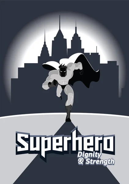 Супергерой бежит перед городским фоном. Векторная иллюстрация — стоковый вектор