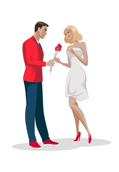 Homme caractère donner bouquet fleurs à la femme. Première date d'amour . — Image vectorielle