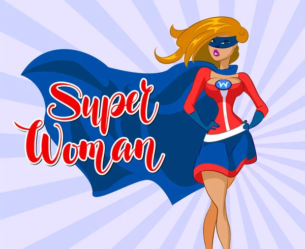 Superwoman im Cartoon-farbigen Stil mit selbstbewusstem. — Stockvektor