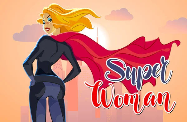 Superwoman in stile cartone animato colorato con fiducia . Illustrazione Stock
