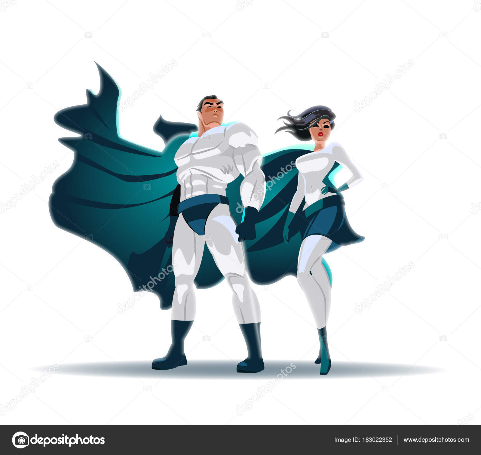 スーパー ヒーローのカップル: 男性と女性ヒーロー、光の前でポーズし