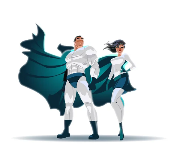 Pareja de superhéroes: Superhéroes masculinos y femeninos, posando frente a una luz. Aislado — Vector de stock