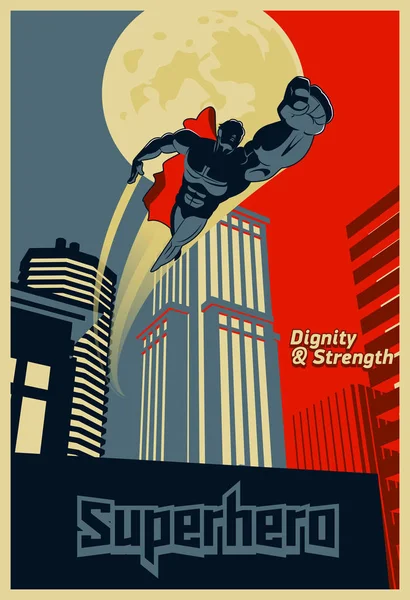 Superhéroe volando por la ciudad nocturna. Cartel gráfico azul y rojo . — Vector de stock