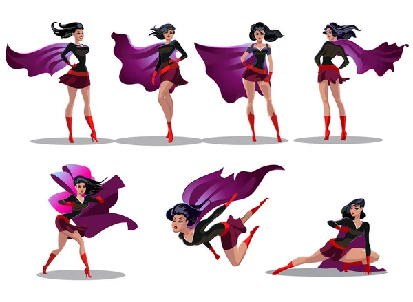 Komické superwoman akce v různých pózách. Žena superhrdina vektor kreslené postavičky. Ilustrace kreslené žena superhrdina — Stockový vektor