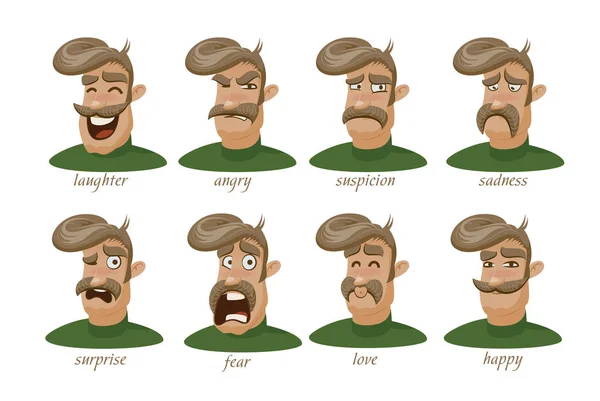 Set di espressioni di carattere uomo baffuto. Risate, arrabbiato, sospetto, tristezza, sorpresa, paura, amore, felice . Illustrazione Stock
