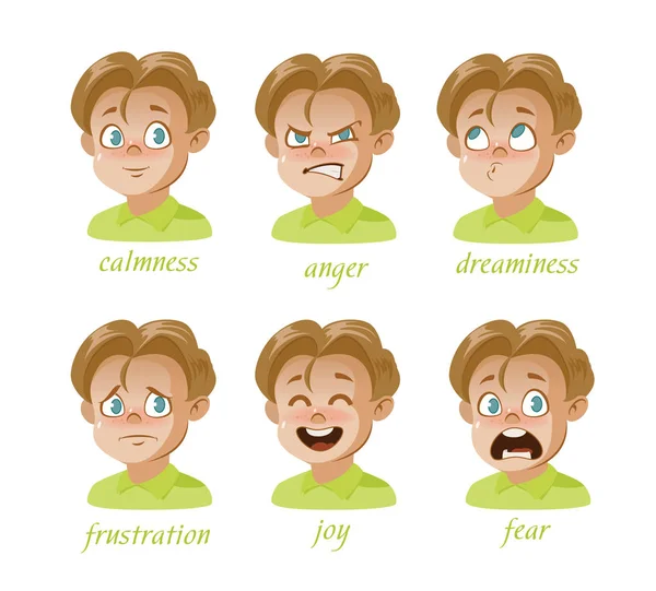 Boy Kid avatar Conjunto de expresiones de carácter. Chico, sorpresa, frustración, ira, tristeza, calma, alegría, miedo — Vector de stock