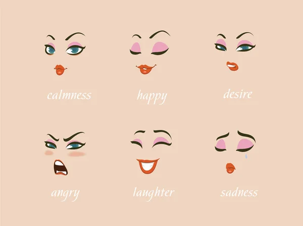 Woman character expressions set. calmness, happy, suspicion, fear, angry, laughter, sadness, desire. — Stock Vector