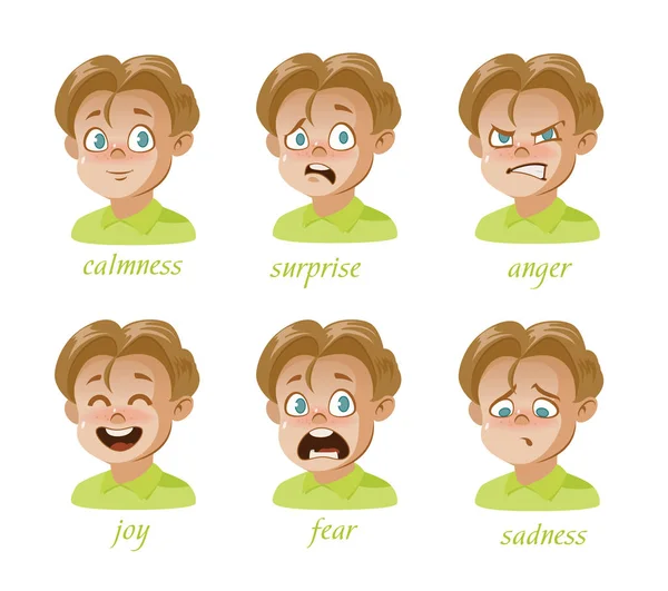 Fiú kifejezések gyerek avatar karakterkészlet. Fiú, meglepetés, frusztráció, düh, szomorúság, nyugalom, öröm, félelem Stock Illusztrációk