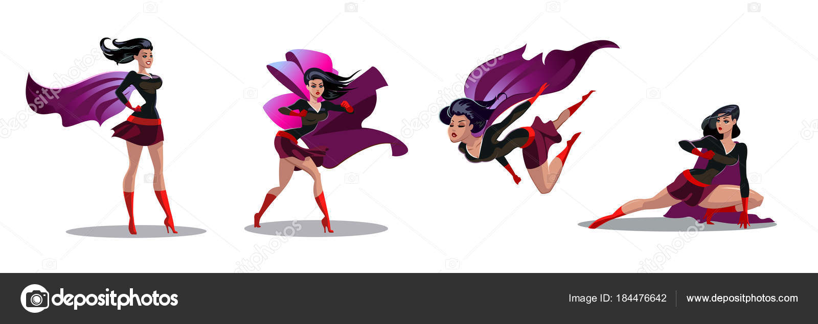 喜剧女超人的动作在不同的姿势。女超人矢量卡通人物。超人女卡通插画图库矢量图©Maxutov 184476642, image size:1600x635