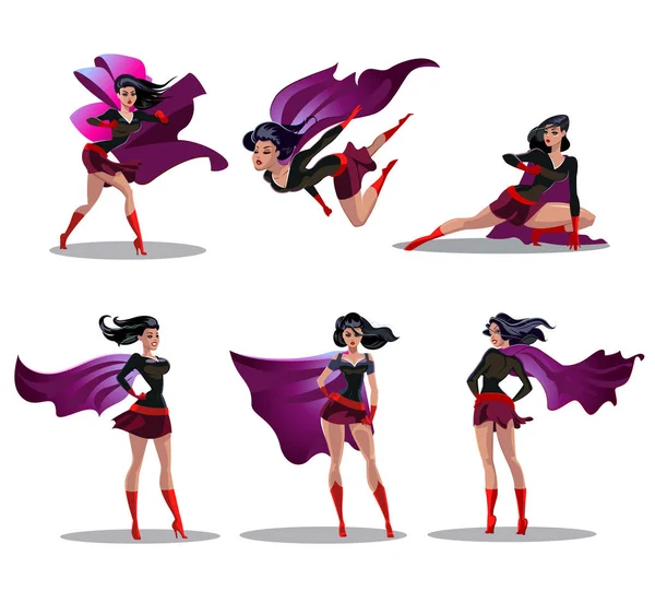 Acciones cómicas de supermujer en diferentes poses. Personajes de dibujos animados de superhéroes femeninos. Ilustración de dibujos animados de superhéroe mujer — Vector de stock