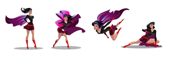 Acciones cómicas de supermujer en diferentes poses. Personajes de dibujos animados de superhéroes femeninos. Ilustración de dibujos animados de superhéroe mujer — Vector de stock