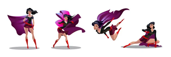 Comic superwoman tindakan dalam pose yang berbeda. Karakter kartun vektor pahlawan super wanita. Ilustrasi kartun wanita superhero - Stok Vektor
