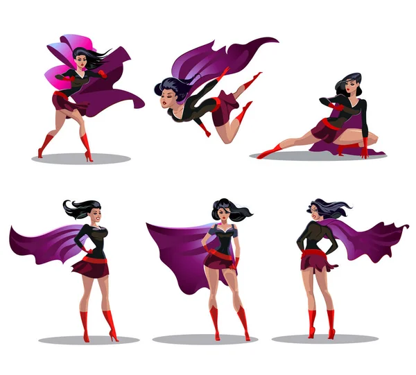Komiska superwoman åtgärder i olika poser. Kvinnlig superhjälte vektor seriefigurer. Illustration av superhjälte kvinna tecknade Royaltyfria Stockvektorer