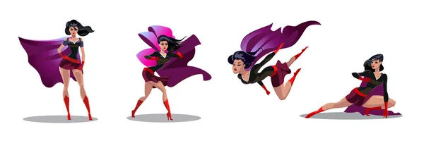 Azioni comiche superwoman in pose diverse. Personaggi dei cartoni animati vettoriali supereroi femminili. Illustrazione di fumetto donna supereroe Grafiche Vettoriali