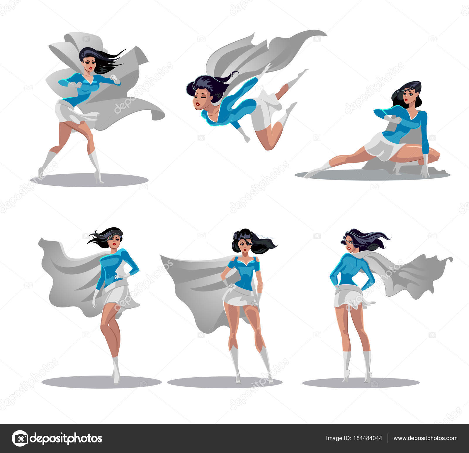 喜剧女超人的动作在不同的姿势。女超人矢量卡通人物。超人女卡通插画图库矢量图©Maxutov 184484044, image size:1600x1544
