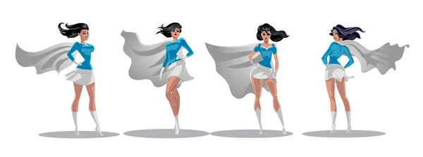 Acciones cómicas de supermujer en diferentes poses. Personajes de dibujos animados de superhéroes femeninos. Ilustración de dibujos animados de superhéroe mujer — Archivo Imágenes Vectoriales