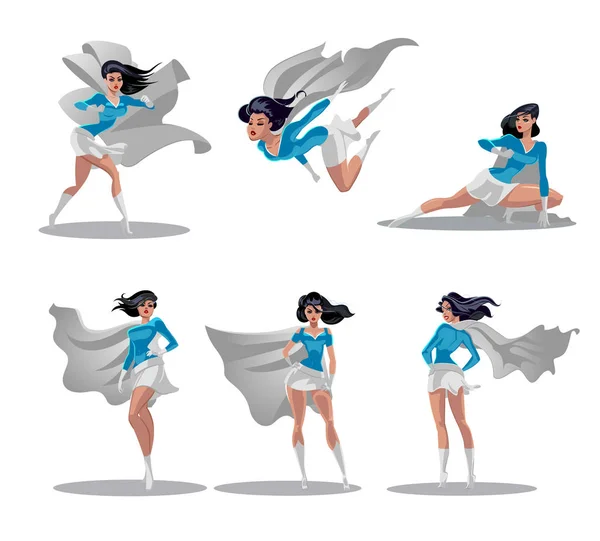 Acciones cómicas de supermujer en diferentes poses. Personajes de dibujos animados de superhéroes femeninos. Ilustración de dibujos animados de superhéroe mujer — Vector de stock